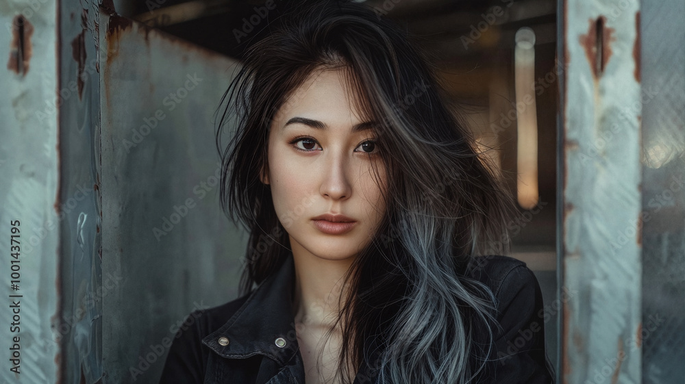 Young woman with intense eyes and tousled hair, wearing a leather jacket against an industrial background, conveying a strong, confident vibe with elements of urban style and understated elegance Young woman with intense eyes and tousled hair, wearing a leather jacket against an industrial background, conveying a strong, confident vibe with elements of urban style and understated elegance