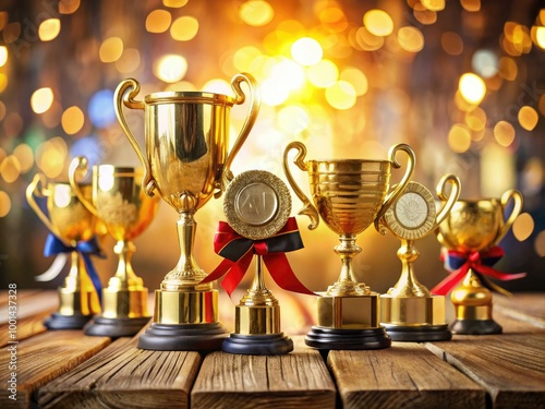 Golden trophies and medals on a wooden table with a blurred background, symbolizing achievement, success, and excellence in various competitions and championships.