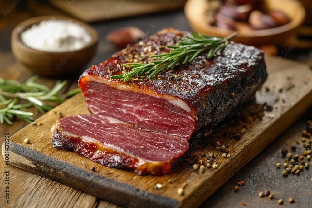 smoked meat and rosemary on kitchen table - generative ai smoked meat and rosemary on kitchen table - generative ai