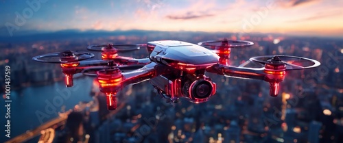 A cutting-edge drone hovers over a vibrant city skyline at dusk, showcasing advanced technology in aerial photography and surveillance. The glowing red lights add to the dynamic, futuristic feel.. AI