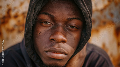 Close-up portrait of a young man with a hooded sweatshirt, resting his head on his hand, gazing thoughtfully at the camera against a rusted background, evoking introspection and calmness photo