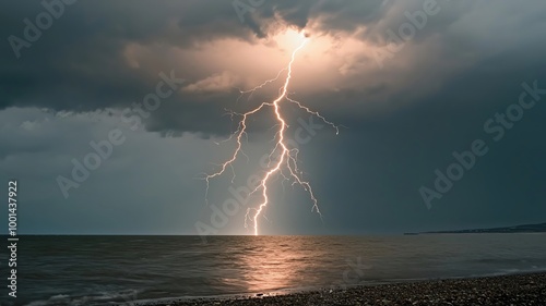 A dramatic image of a lightning storm over the ocean, showing the combined power of water and electricity, lightning over ocean, natural forces colliding photo