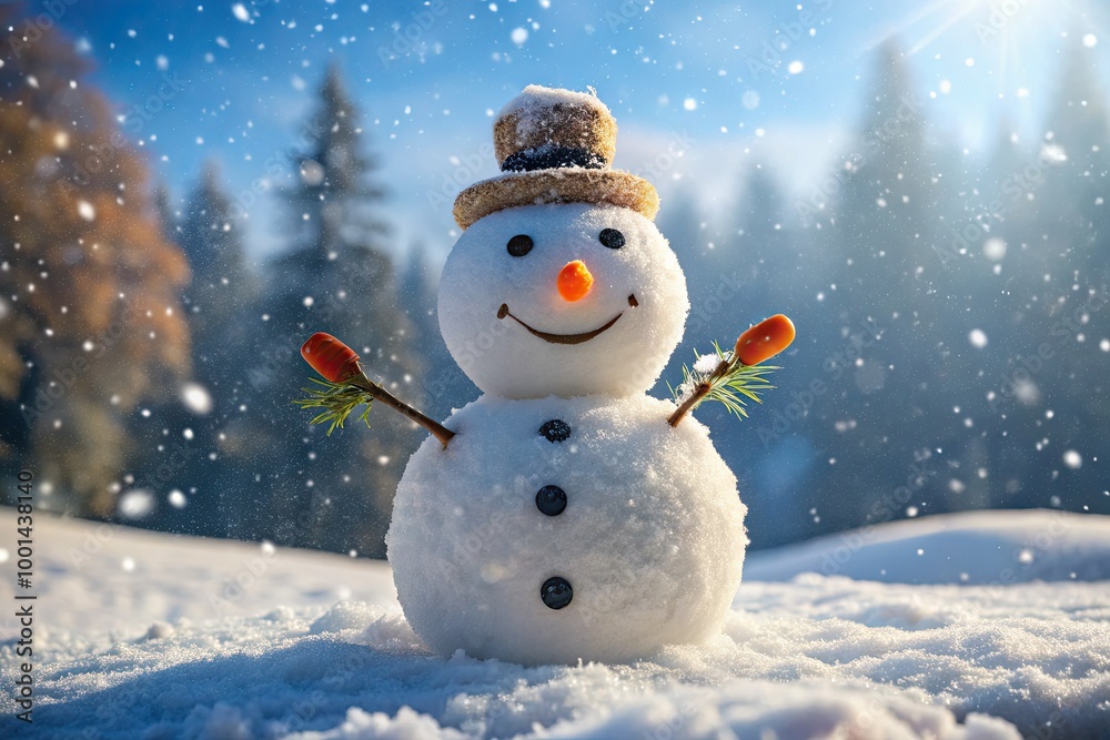 Happy snowman's face carved from a single snowball, adorned with coal eyes and a carrot nose, set against a frosty winter wonderland backdrop. Happy snowman's face carved from a single snowball, adorned with coal eyes and a carrot nose, set against a frosty winter wonderland backdrop.
