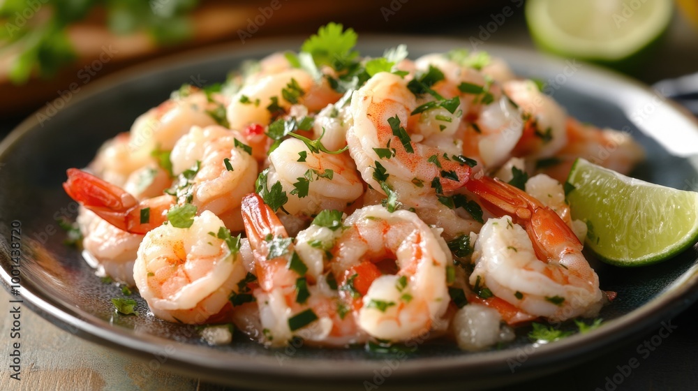 Lime-marinated shrimp ceviche piled high on a plate, finished with a sprinkle of cilantro for a fresh touch. Lime-marinated shrimp ceviche piled high on a plate, finished with a sprinkle of cilantro for a fresh touch.