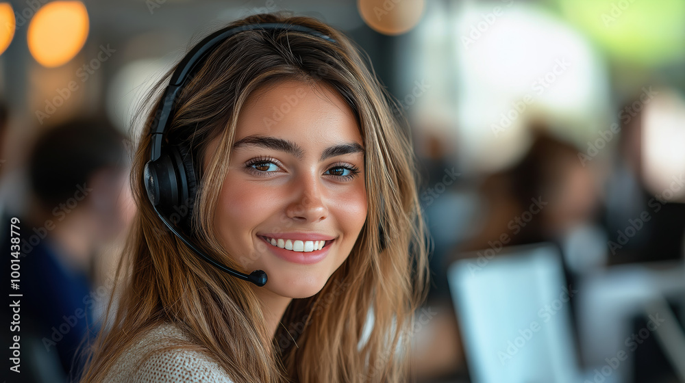 Close-Up Of A Customer Service Representative Or Call Centre Representative, Smiling While Talking On A Headset At The Office. Close-Up Of A Customer Service Representative Or Call Centre Representative, Smiling While Talking On A Headset At The Office.