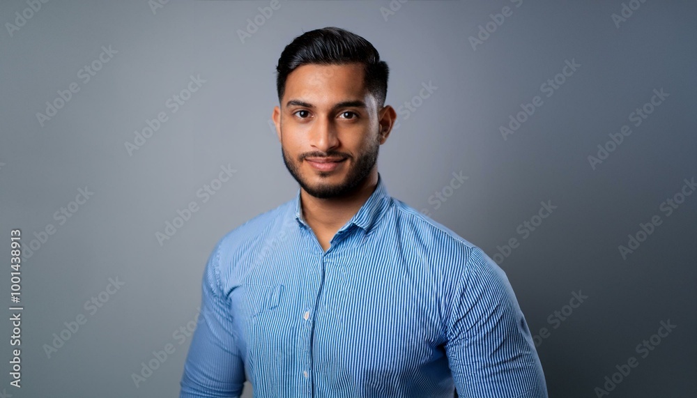 Hipster businessman in blue shirt, studio shot, gray background