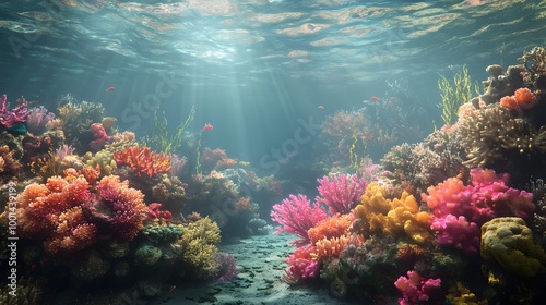 Vibrant Underwater Coral Reef Scene with Sunbeams