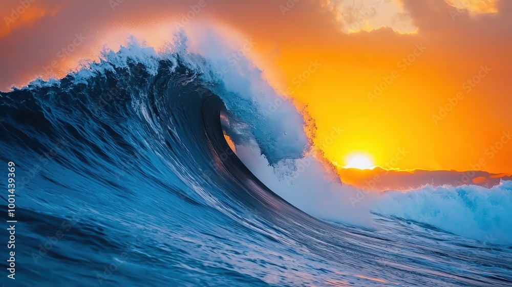 A tidal wave crashing against the shore at sunrise, the sun s light reflecting off the powerful water, tidal wave, ocean power at dawn