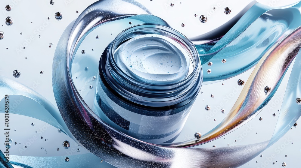 Fototapeta premium A captivating 3D image of shampoo cream in an elegant jar, surrounded by flowing abstract shapes and shimmering metallic textures