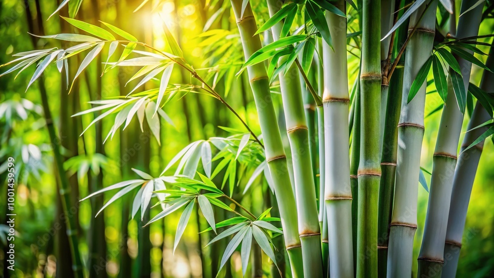Fototapeta premium Elegant White Bamboo Plant with Lush Green Leaves Against a Bright Natural Background in Daylight