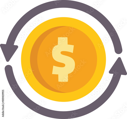 Money circulation concept with a dollar coin rotating with arrows