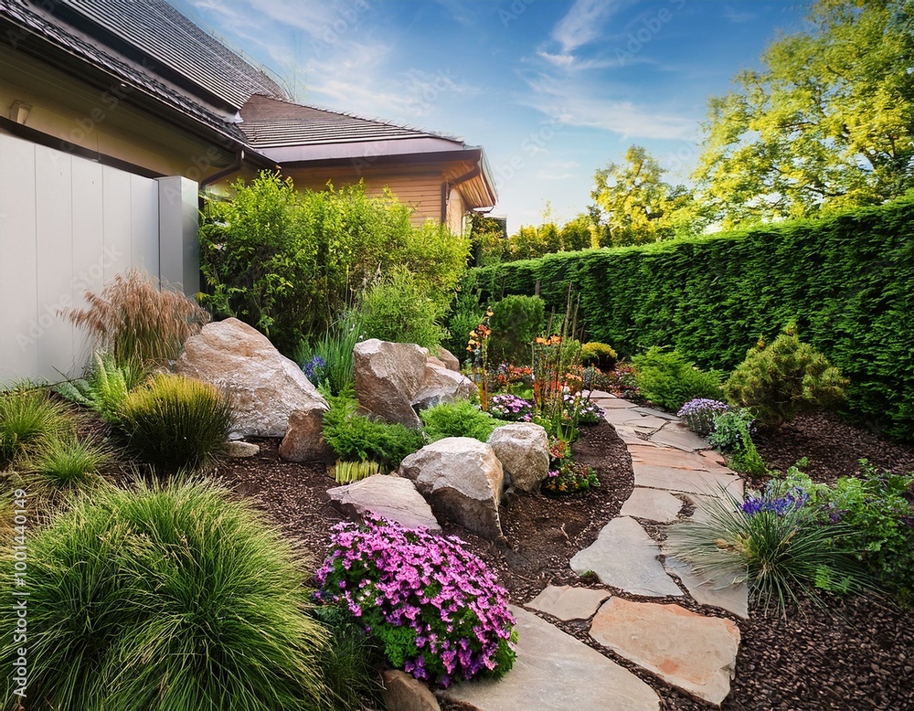 Obraz premium Landscaping panorama of home garden. Landscape design with plants, flowers and stone in backyard.