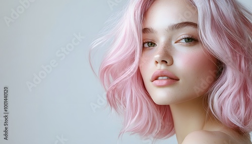 A beauty model flaunting pastel pink hair, posed elegantly against a plain white background