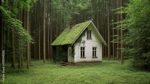 An abandoned cottage in the middle of a dense forest, with its roof covered in moss and ivy climbing the walls forest cottage, overgrown abandonment