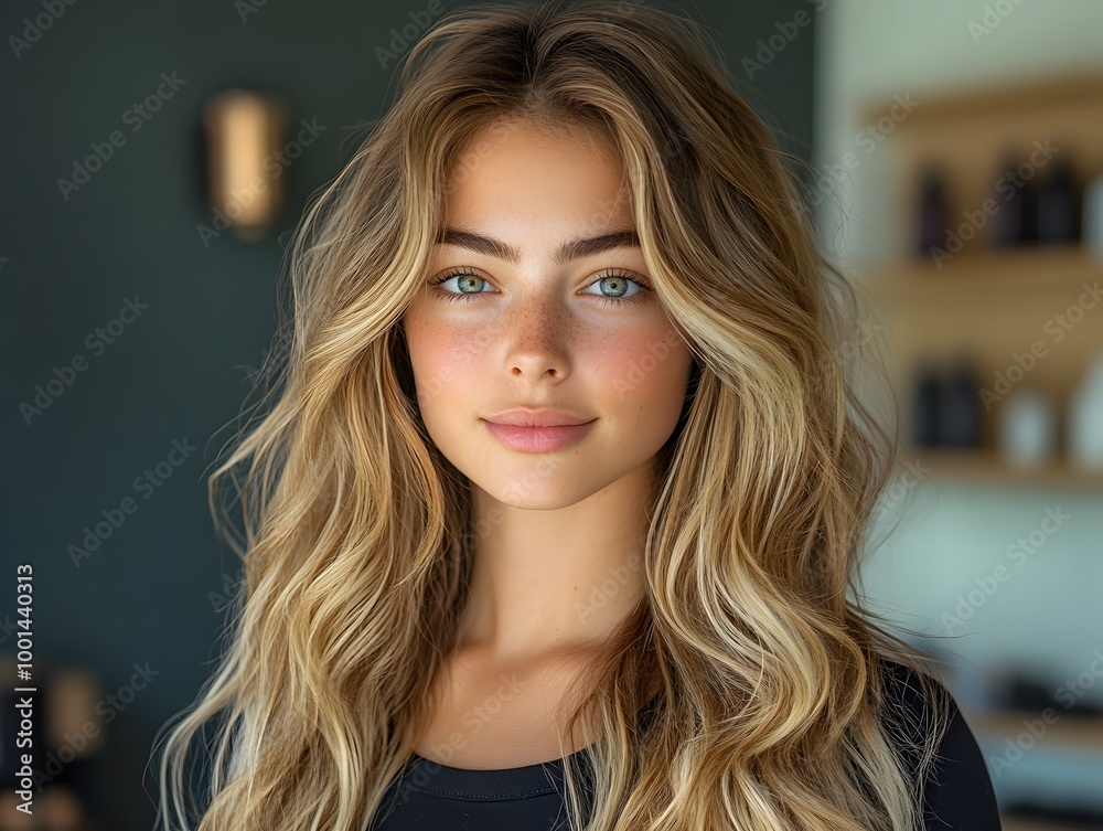 A model showing off subtle caramel balayage hair, styled in a chic hair salon with sleek, modern decor A model showing off subtle caramel balayage hair, styled in a chic hair salon with sleek, modern decor