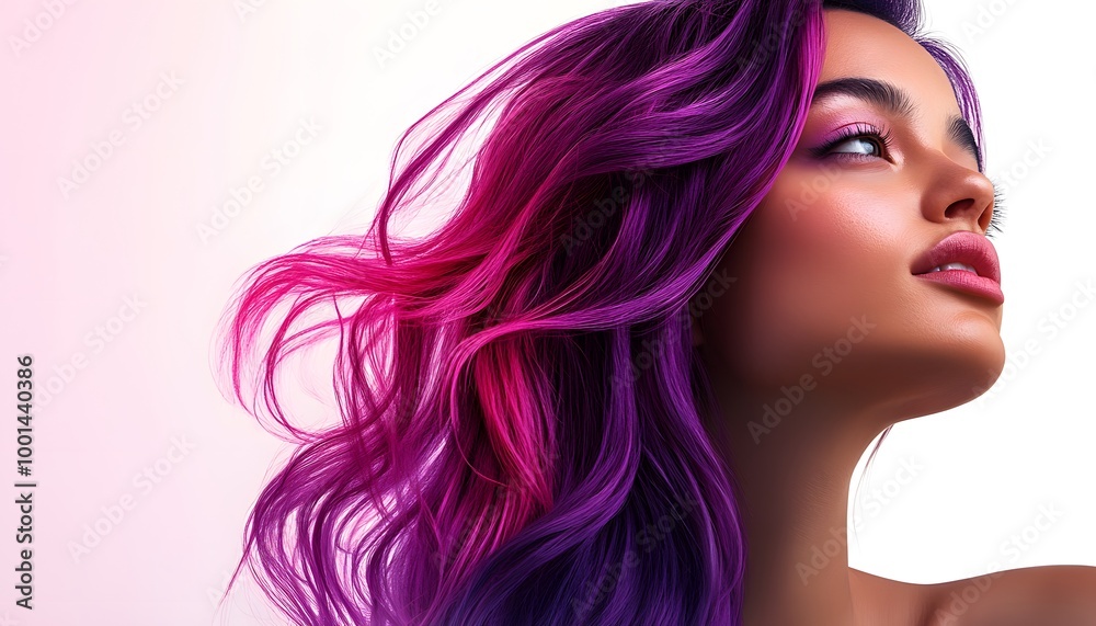 A model with rich purple and pink gradient hair, set against a simple white background, highlighting the bold colors