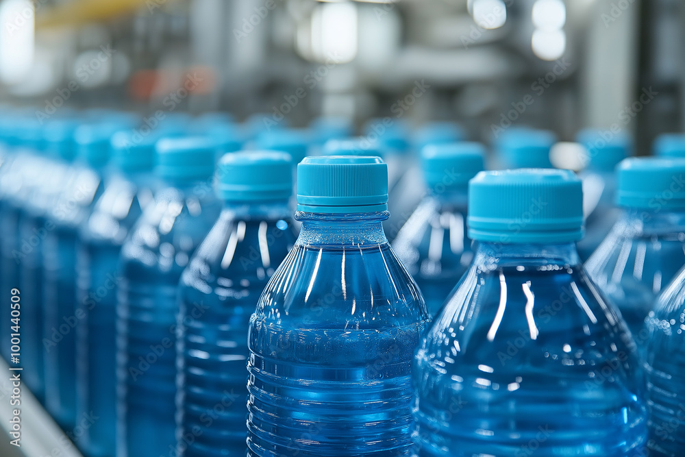 Blue water bottles in the process of production, arranged neatly on conveyor belts with blue caps for use in various products such as energy drinks, sports drinks, or branding on glass water bottles Blue water bottles in the process of production, arranged neatly on conveyor belts with blue caps for use in various products such as energy drinks, sports drinks, or branding on glass water bottles