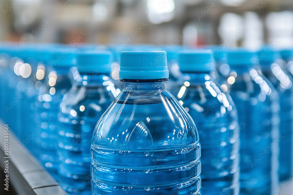 Blue water bottles in the process of production, arranged neatly on conveyor belts with blue caps for use in various products such as energy drinks, sports drinks, or branding on glass water bottles Blue water bottles in the process of production, arranged neatly on conveyor belts with blue caps for use in various products such as energy drinks, sports drinks, or branding on glass water bottles