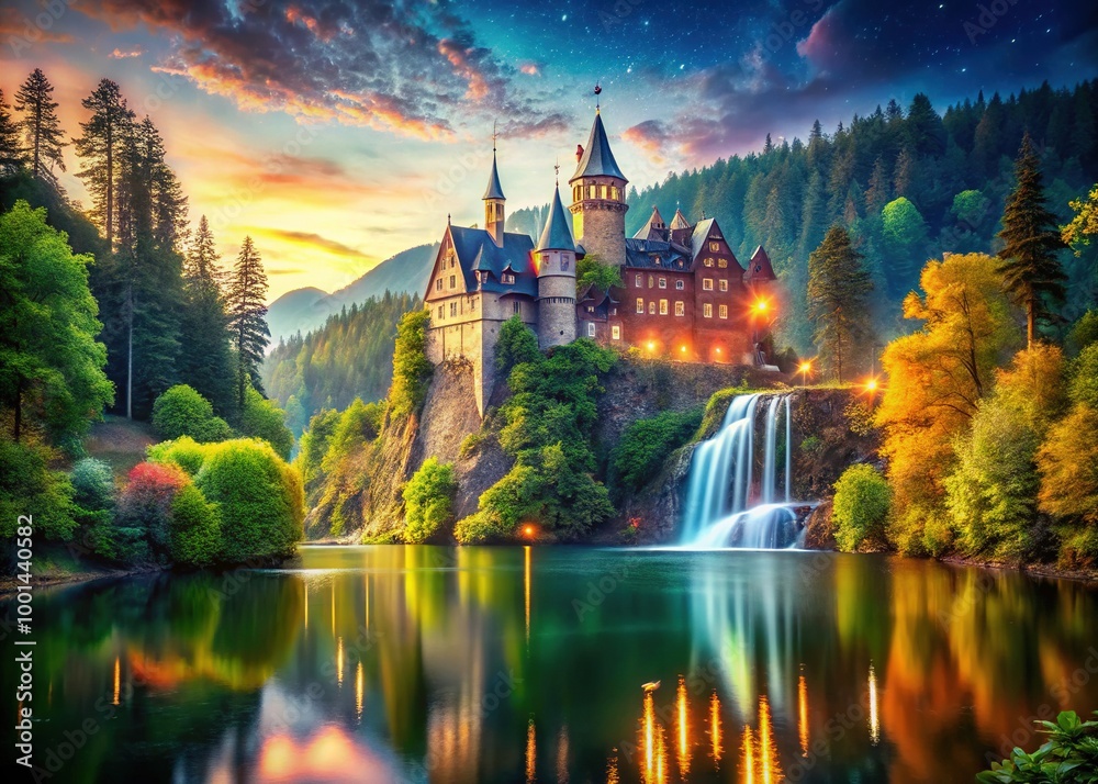 Enchanted Castle Surrounded by Lush Forest and Sparkling Waters in a Magical Fantasy Landscape Enchanted Castle Surrounded by Lush Forest and Sparkling Waters in a Magical Fantasy Landscape