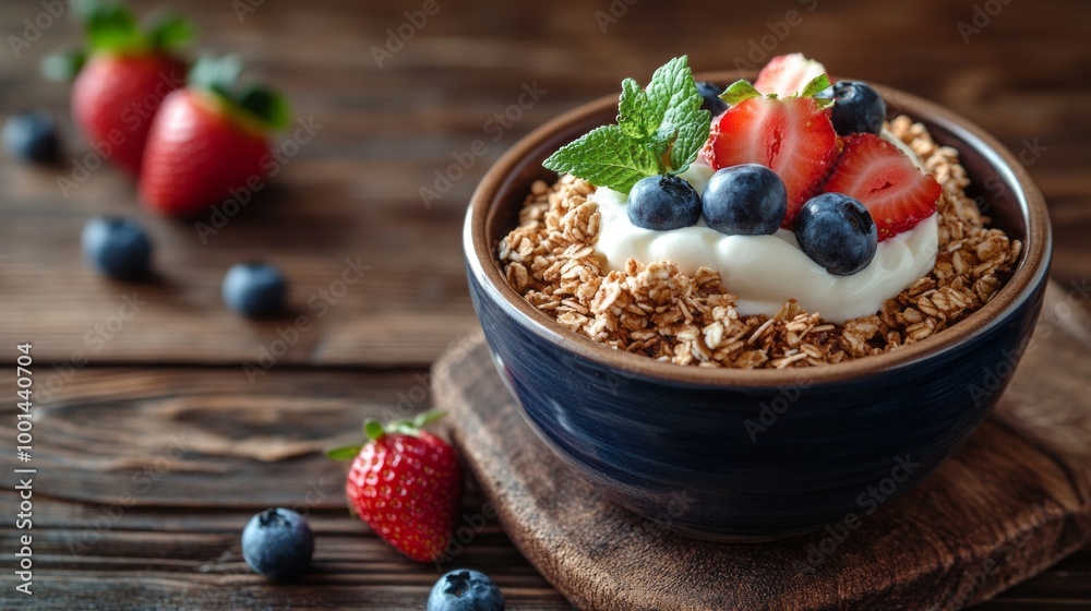 A bowl of cereal with blueberries and strawberries on top A bowl of cereal with blueberries and strawberries on top