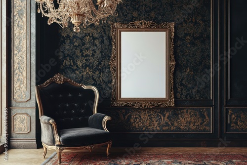A room with a white framed picture and a chair