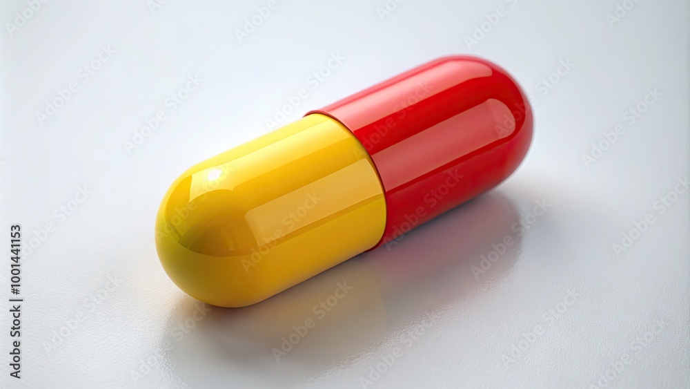 Close-up of a single colorful pill on a clean white surface representing health and medication concepts Close-up of a single colorful pill on a clean white surface representing health and medication concepts