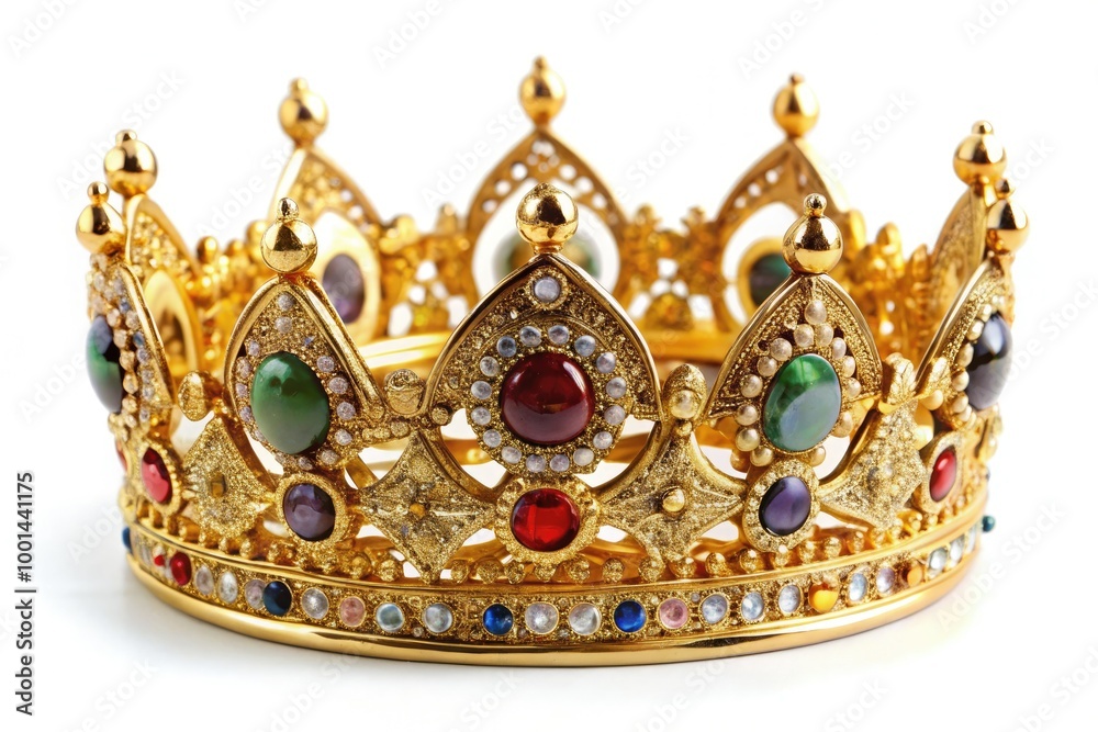 Intricately designed golden crown with precious gems, ornate details, and delicate filigree, symbolizing luxury, royalty, and power, isolated on a white background. Intricately designed golden crown with precious gems, ornate details, and delicate filigree, symbolizing luxury, royalty, and power, isolated on a white background.