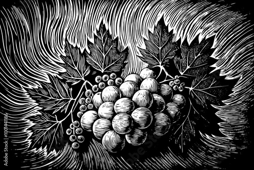 Vintage Style Engraving of Grapes and Leaves Illustration