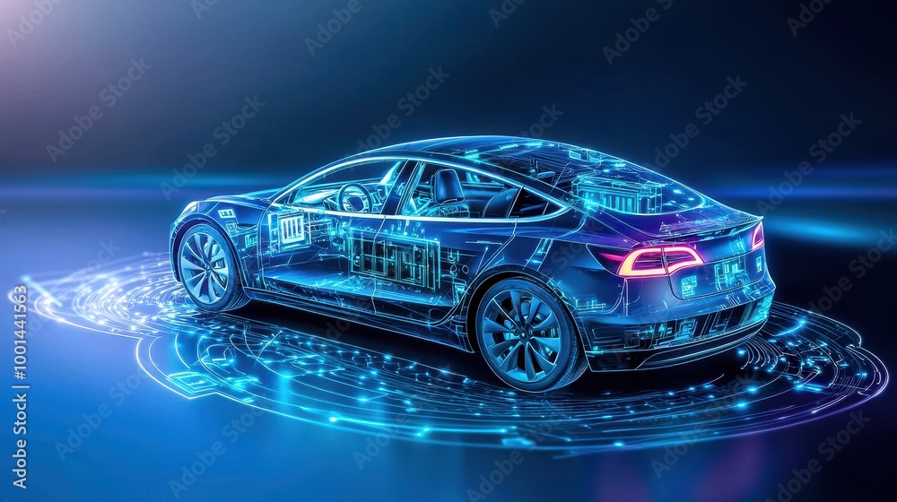 Futuristic car with digital hologram features on a sleek background. Futuristic car with digital hologram features on a sleek background.
