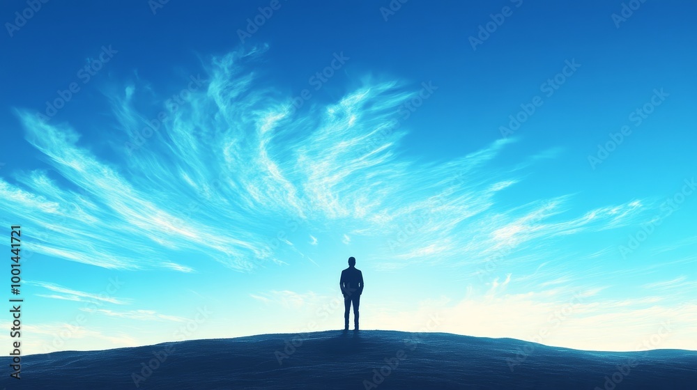 A man stands on a hill looking out at the sky A man stands on a hill looking out at the sky