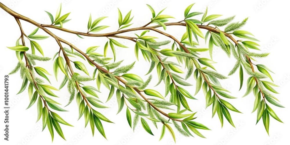 Intricately detailed illustration of a lifelike willow branch with delicate leaves and twisted limbs, set against a soft, transparent background for optimal versatility.