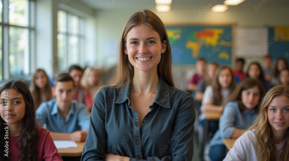 A teacher standing in front of her classroom. She is smiling and her students are looking on. Elementary school classroom.. Female instructor. A teacher standing in front of her classroom. She is smiling and her students are looking on. Elementary school classroom.. Female instructor.