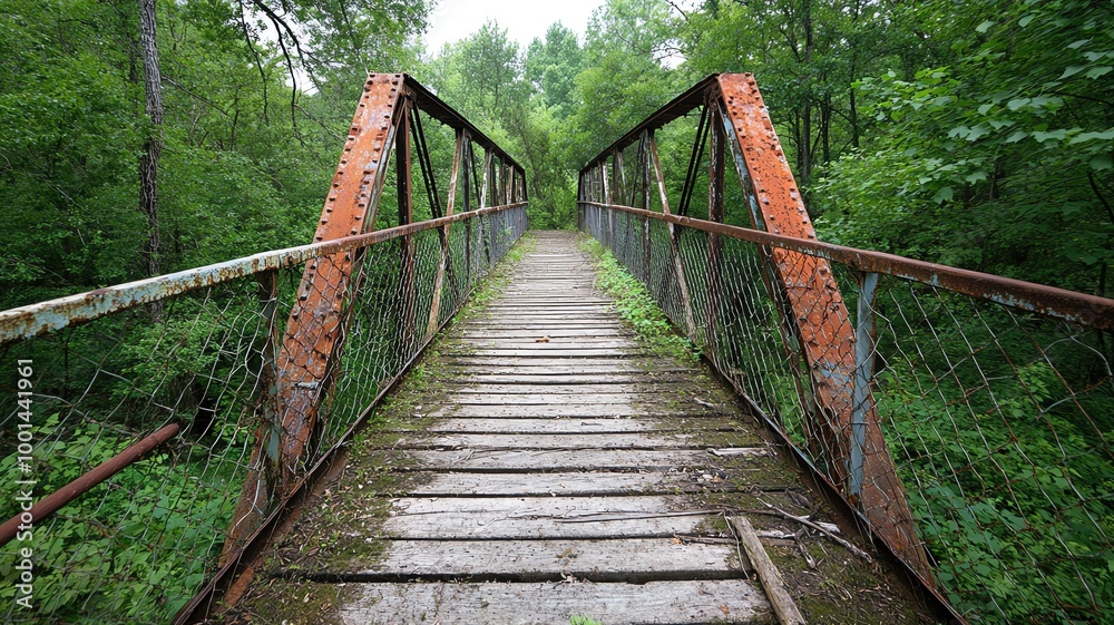 Decaying bridge leading into an overgrown forest, unused and forgotten abandoned bridge, nature reclaiming Decaying bridge leading into an overgrown forest, unused and forgotten abandoned bridge, nature reclaiming