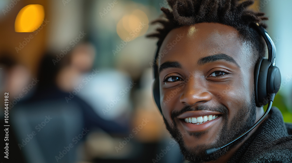 Close-Up Of A Customer Service Representative Or Call Centre Representative, Smiling While Talking On A Headset At The Office. Close-Up Of A Customer Service Representative Or Call Centre Representative, Smiling While Talking On A Headset At The Office.