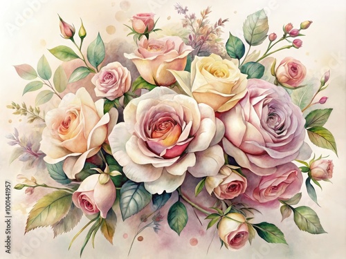 Intricately illustrated bouquet of roses in various stages of bloom, delicately rendered in soft, dreamy watercolors, set against a subtle, creamy background. photo