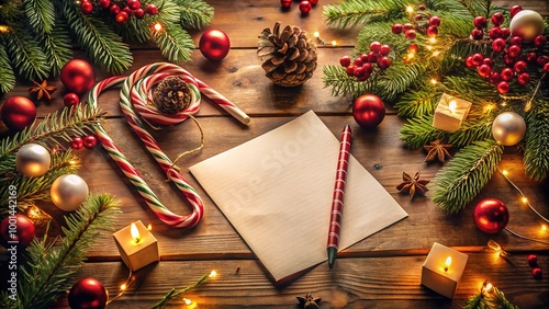 Festive Letter to Santa on a Wooden Table Surrounded by Christmas Decorations and Candy Canes photo