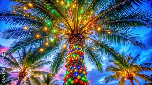 Festive Palm Tree Adorned with Colorful Christmas Lights in a Tropical Holiday Setting