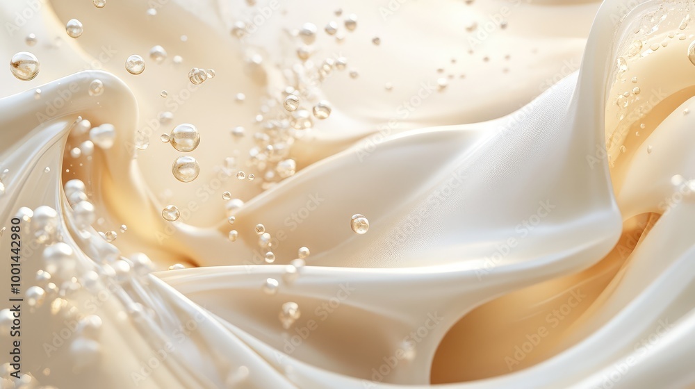 Obraz premium A luxurious 3D visualization of shampoo cream with silky textures, swirling into elegant shapes surrounded by floating particles and soft light