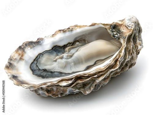 A large, raw oyster shell with the seafood delicately nestled inside, placed on a white backdrop photo