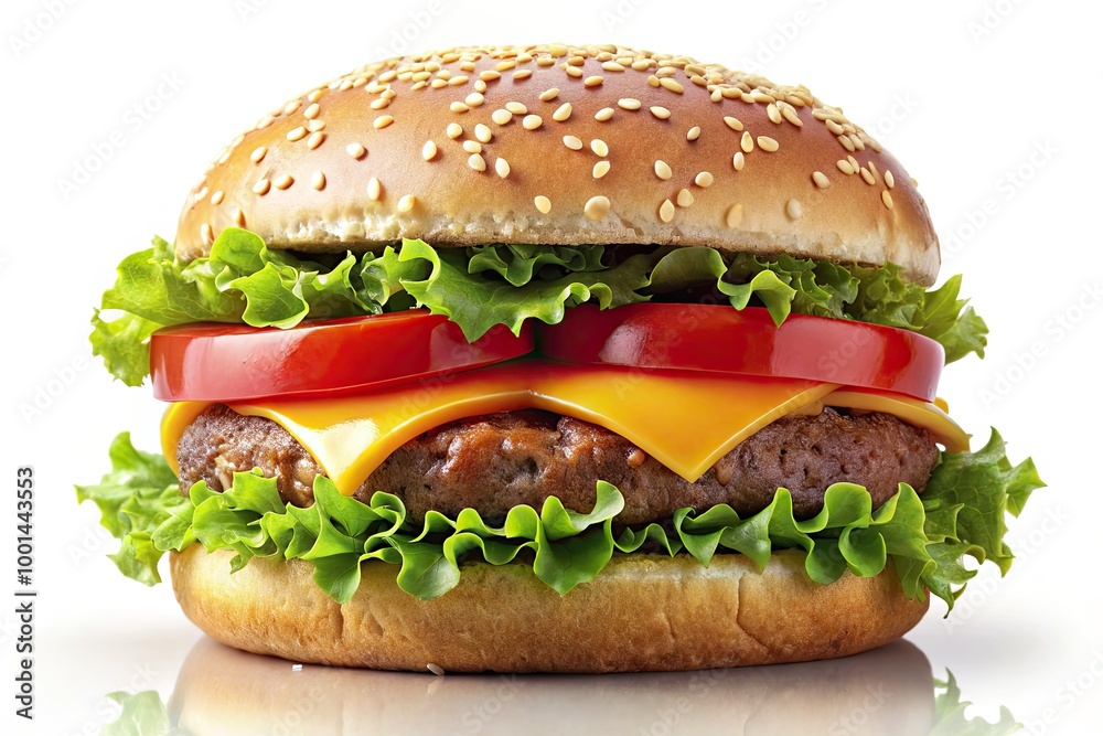 Juicy beef patty, crispy lettuce, tomato, cheese, and sesame seed bun assemble a mouthwatering illustration of a classic American-style hamburger, bursting with flavor and appetite appeal.