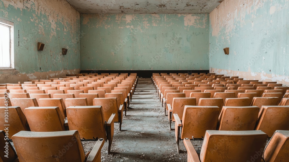 Empty movie theater with broken projectors and dusty seats, left in ...