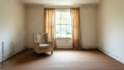 Empty living room in an abandoned house, with torn curtains and a dusty old armchair facing a broken window   abandoned living room, silent decay photo