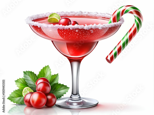 A glass of red martini with a green and red cane on top. The drink is garnished with a lime wedge and a sprig of mint. The image conveys a festive and celebratory mood, as the martini