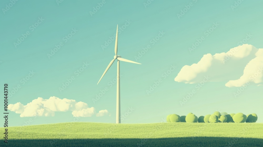 Obraz premium Simple flat art style wind turbine on a green field, symbolizing sustainable energy and a clean future.
