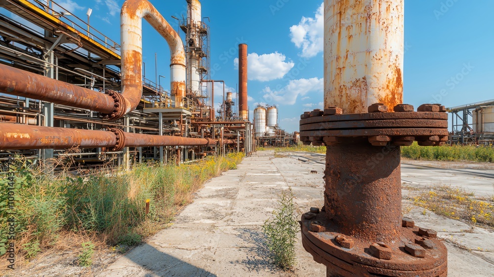Empty oil refinery with rusting pipes and crumbling storage tanks, left to decay abandoned refinery, industrial ruin Empty oil refinery with rusting pipes and crumbling storage tanks, left to decay abandoned refinery, industrial ruin