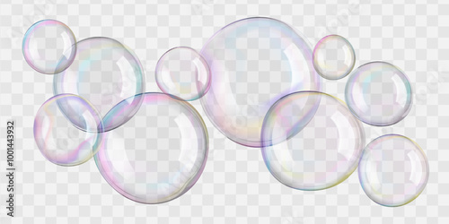 Transparent soap foam balls in air. 3D iridescent rainbow spheres and textured circles float on white png. Glass plastic mirror reflections on big bath bead. Shiny pastel blown day-dreaming bubbles