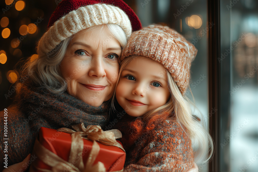 A happy grandmother and her little granddaughter in Christmas hugging each other, giving one another gifts with red ribbon wrapped around them. A happy grandmother and her little granddaughter in Christmas hugging each other, giving one another gifts with red ribbon wrapped around them.