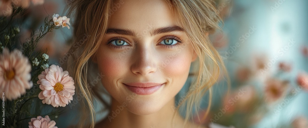 Portrait of a Beautiful Woman with Blue Eyes Smiling