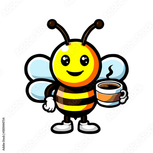 a drawing of a bee holding a cup of coffee