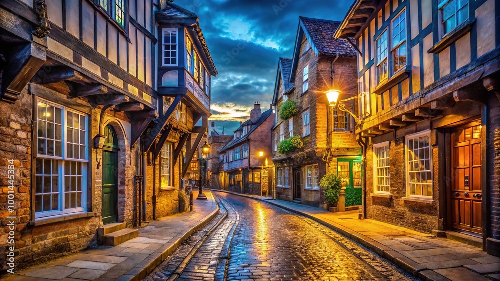 Fototapeta premium Historic York Shambles Street with Timber Framed Buildings and Cobbled Pathway in England